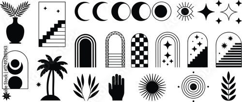 Bohemian arc silhouette collection celestial moon sun archway stair palm tree hand plant icons