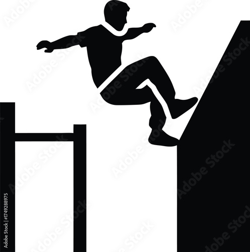 Silhouette of a parkour athlete performing a dynamic jump over obstacles in a stylized urban environment