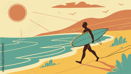 Vintage Surfer Walking on Beach Silhouette Minimalist Illustration for Summer Travel and Ocean Lifestyle Design
