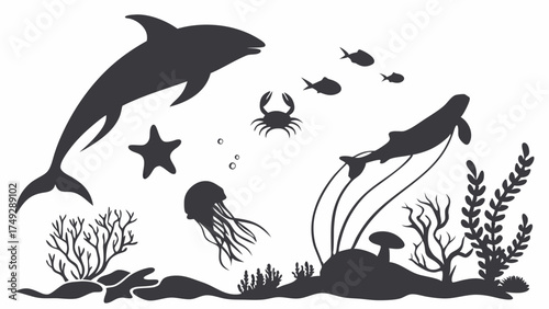 Underwater Marine Life Silhouette Vector Set Ocean Animals Dolphin Whale Crab Starfish Coral Reef Graphic Design Element