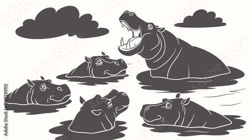 Large Hippo Leader Roaring at Group of Hippos in Water Black and White Wildlife Illustration Displaying Dominance and Power