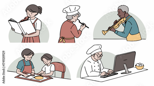 Diverse Lifestyle Scenes Showing Cooking Baking Hobbies Music and Professional Chefs Using Technology