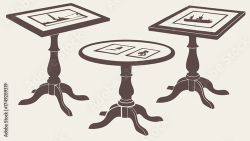 Vintage Museum Display Tables and Presentation Stands for Historical Documents and Ship Illustrations