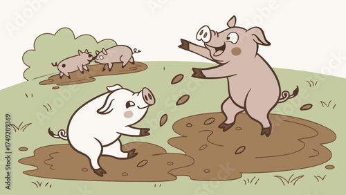 Joyful Cartoon Piglets Splashing Mud Puddles Outdoors Happy Farm Animals Playing Childhood Fun and Games Illustration