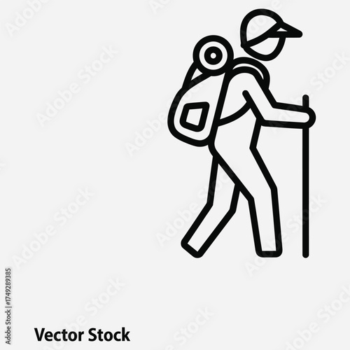 Line art illustration of a hiker with a backpack and walking stick, perfect for outdoor adventures and travel concepts