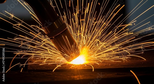 Metal inert gas welding in action with showering sparks creating light