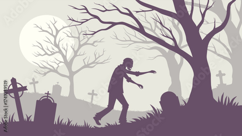 Creepy Zombie Silhouette Walking Through Foggy Graveyard Under Full Moon Halloween Horror Vector Background Illustration for Seasonal Marketing