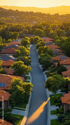 Aerial View of a Suburban Neighborhood at Sunset.