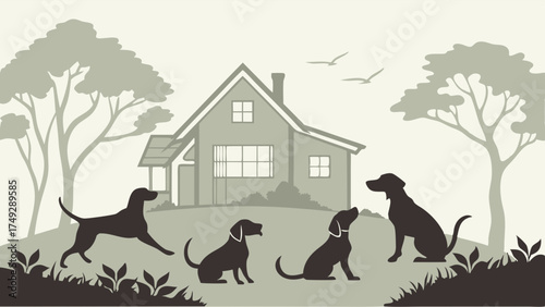 Dog Family Silhouettes in Yard House Landscape Graphic Design for Pet Care and Real Estate Advertising