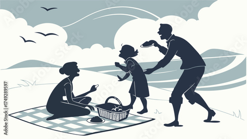 Happy Family Picnic Silhouette Illustration Father Playing with Daughter Outdoors Joyful Summer Leisure and Childhood Bonding Time