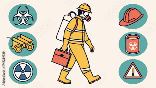 Hazmat Worker In Protective Suit With SCBA Tank And Briefcase Surrounded By Biohazard Radiation And Chemical Safety Warning Symbols