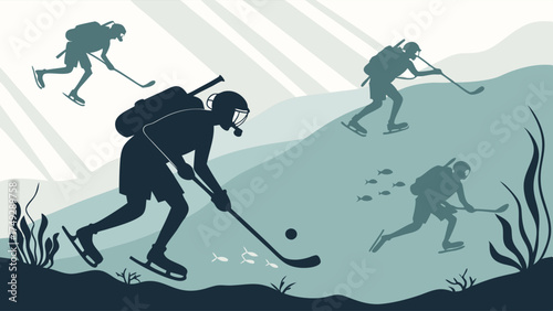 Silhouette Illustration of Underwater Hockey Scuba Divers Wearing Ice Skates Playing on the Ocean Floor Extreme Challenge Adventure Sport