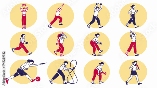 Full Body Workout Routine Illustrations Set People Doing Cardio Strength Training and Exercise for Health and Fitness App Design