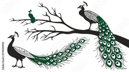 Elegant Peacock and Peahen Illustration Set on Tree Branch Luxury Graphic Design Element Exotic Wildlife Decorative Art Print