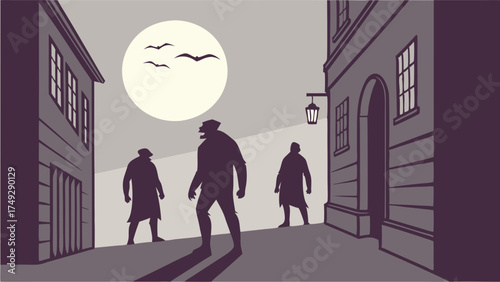 Sinister Silhouette Figures in Dark Urban Alleyway Under Full Moon Crime Thriller and Horror Illustration