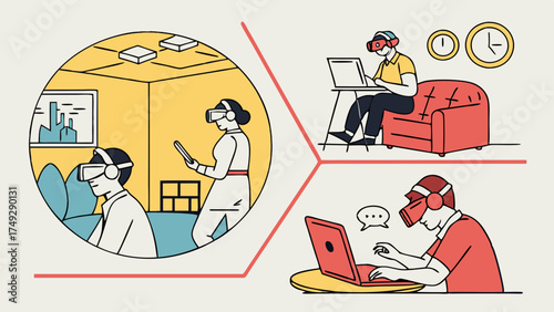 Virtual Reality Metaverse Remote Work Illustration People Using VR Headsets Laptops for Digital Collaboration and Future Office Meetings