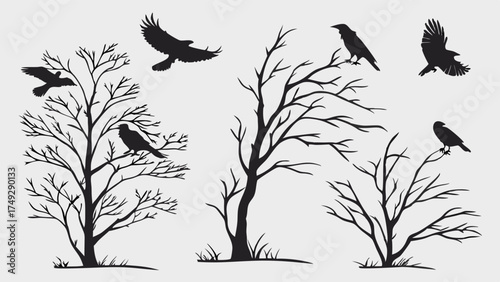 Gothic Vector Silhouette Set of Flying Crows and Bare Branches Scary Halloween Design Elements