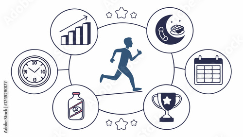 Fitness Success Factors Infographic With Running Man Growth Metrics Schedule And Recovery Icons