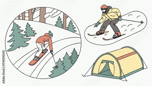 Snowboarding Skiing and Camping Illustration Winter Outdoor Adventure Recreation Travel Sports Gear
