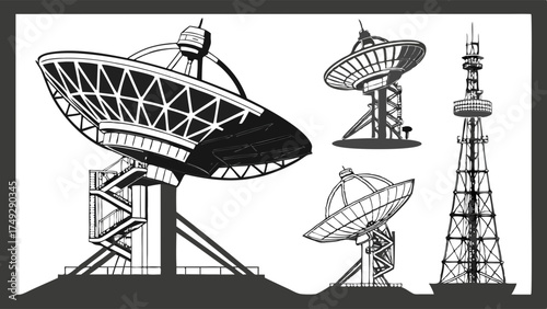 Telecommunication Infrastructure Detailed Technical Illustration Satellite Dishes Radio Telescope And Communication Tower Global Network