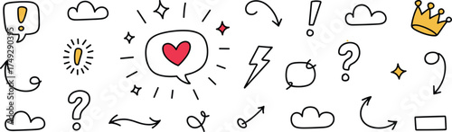 Whimsical hand drawn doodle icons featuring love heart clouds arrows and crown