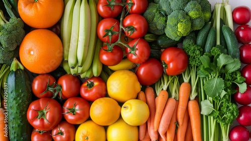 Colorful arrangement of fresh fruits and vegetables  oranges, tomatoes, peppers, bananas, and more