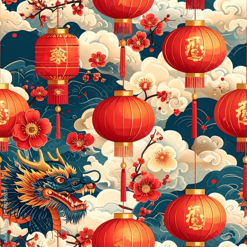 Blue and Gold Chinese Dragon with Red Lanterns and Clouds – Oriental New Year Pattern