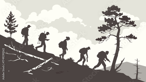 Struggling Hiker Ascending Steep Mountain Trail, Overcoming Obstacles, Determination, Outdoor Adventure, Personal Growth, Fitness Journey, Resilience, Challenging Climb, Wilderness