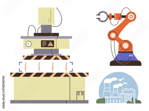 Machinery with control panel and warning signs, robotic arm, and power plant illustration. Ideal for automation, technology, industry, safety, manufacturing energy environmental issues. Simple flat
