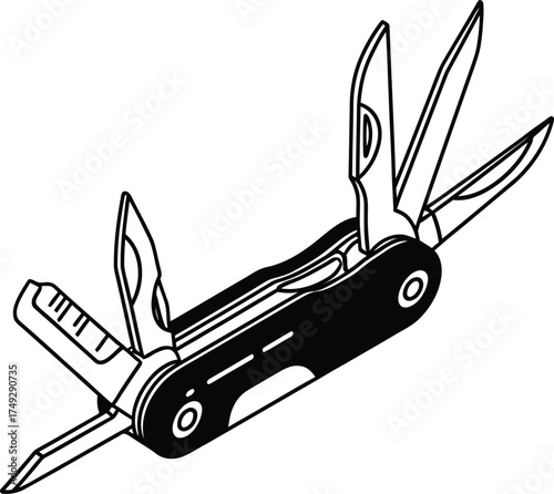 A detailed line drawing illustration of a black multi tool with various open blades and tools on a white background