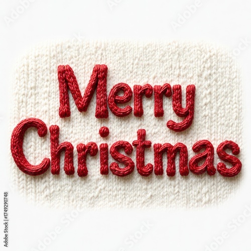 Cozy Knitted Red 'Merry Christmas' Text on White Fabric