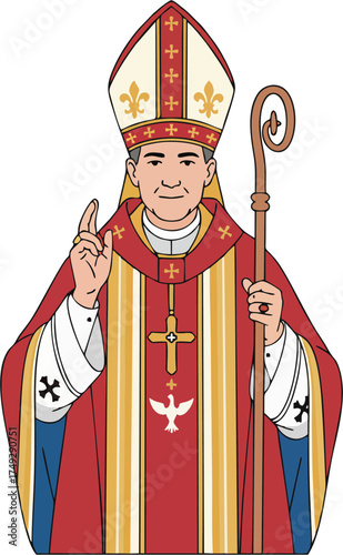 Ceremonial Bishop Cartoon Vector Illustration in Red Robe with Crosier and Mitre – Religious Leader Blessing Gesture