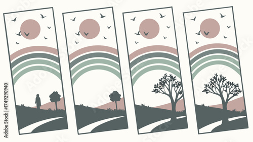 Muted Boho Rainbow Landscape Silhouette Art Set Minimalist Design for Wellness Travel and Personal Journey Graphics