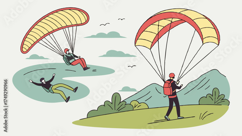 Paraglider Landing Safely Next to Fallen Person Extreme Sport Risk Success Failure Challenge Illustration