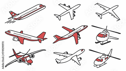 Aviation Icons Set Outline Vector Illustrations Commercial Airplanes and Helicopters Global Travel Transport Logistics Symbols for Web Design