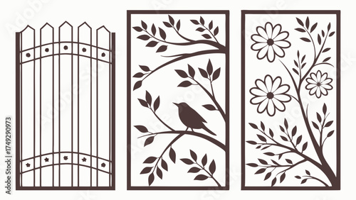 Laser Cut Decorative Panels Set Rustic Garden Fence Screen Templates Nature Bird and Floral Designs Vector Graphics