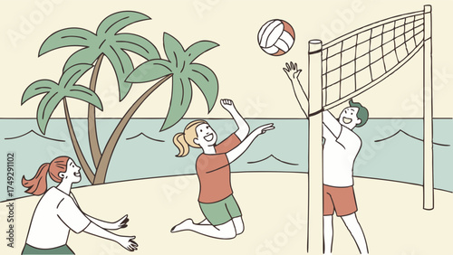 Happy Young Friends Playing Beach Volleyball on Tropical Beach Summer Vacation Sport Activity Illustration