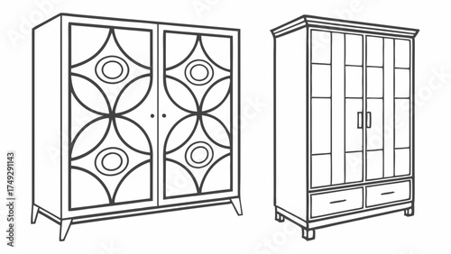Decorative Storage Cabinets and Display Armoires Detailed Line Art Drawing Home Furniture Outline Vector Illustration for Interior Design Graphics