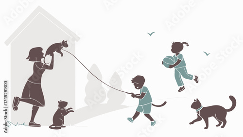 Joyful Family Playing with Cats in Sunny Backyard, Promoting Pet Care, Home Life, and Childhood Fun for Marketing and Web Design
