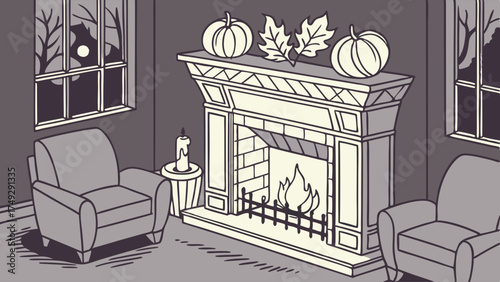Cozy Autumn Living Room Fireplace Scene for Fall Holiday Marketing, Home Decor, and Seasonal Website Design, Evoking Warmth and Comfort