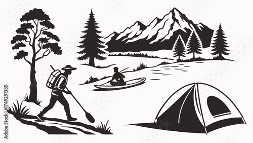 Monochrome Outdoor Adventure Graphic with Hiker Kayaker Tent Mountains Lake for Wilderness Travel Recreation Lifestyle Marketing
