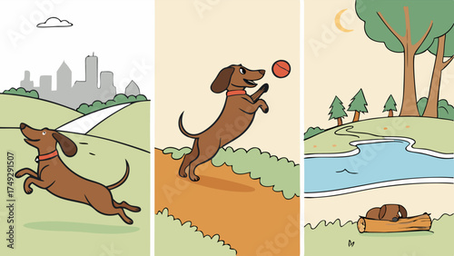 Happy Dachshund Dog Playing Actively and Relaxing Peacefully Outdoors. Cute Cartoon Pet Running, Jumping for Ball, and Sleeping in a Sunny Park Illustration. Pet Care Lifestyle.