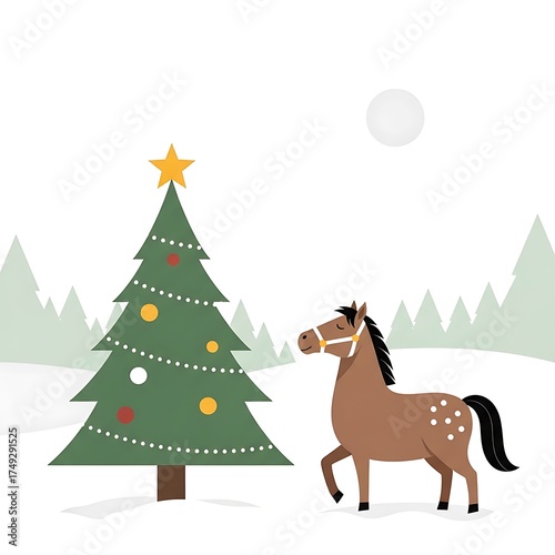 Festive Horse and Christmas Tree in Winter Landscape Illustration.
