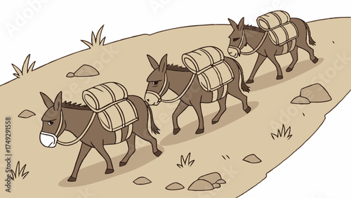 Working Donkeys Carrying Heavy Cargo Loads Uphill on a Rural Dirt Path for Logistics Supply Chain and Perseverance