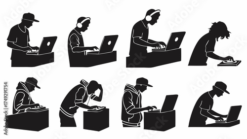 DJ Producing Music with Laptop and Headphones, Electronic Music Production, Creative Workflow, Modern Studio Setup, Energetic Performance, Digital Audio Workstation, Beatmaking, Sound