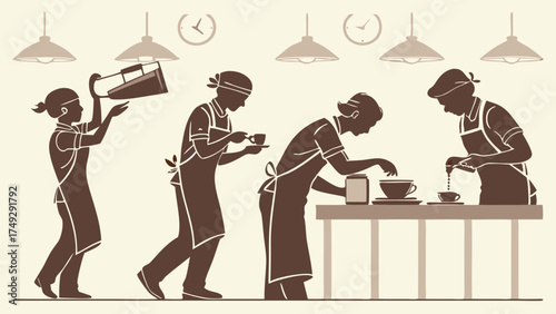 Barista Preparing Coffee Drinks Step by Step for Customers, Cafe Service Workflow, Food Industry Business, Dynamic Morning Rush, Engaging Customer Experience, Retail Operations