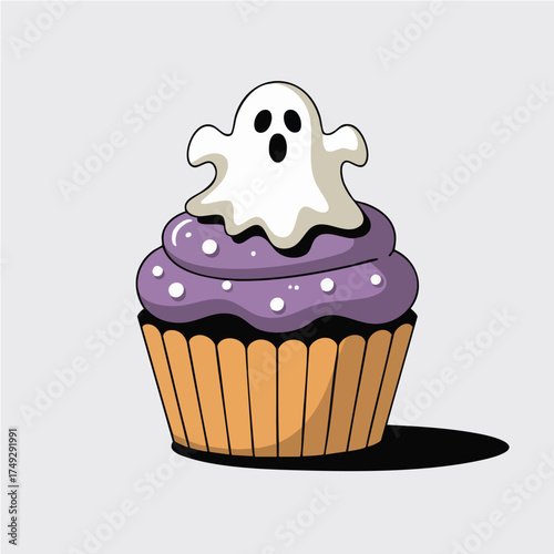 Halloween cupcake with ghost frosting purple frosting and a shadow