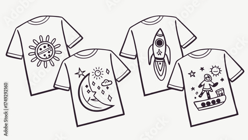 Children's T-Shirt Designs for Creative Apparel Printing, Kids' Fashion Graphics for Online Stores, Playful Space and Nature Themes for Garment Decoration