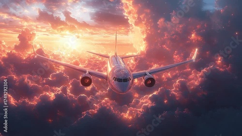 Airplane Flying Through the Clouds at Sunset - A Beautiful Aerial View.