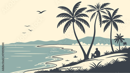 Relaxed Man Typing on Laptop on Tropical Beach Paradise, Inspiring Remote Work and Vacation Travel for Digital Nomads, Serene Coastal Escape for Summer Holidays